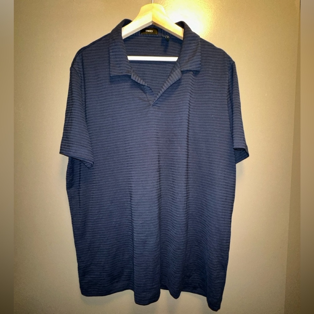Theory Willem Flame Striped Jersey Polo Men's Navy Blue Short Sleeves